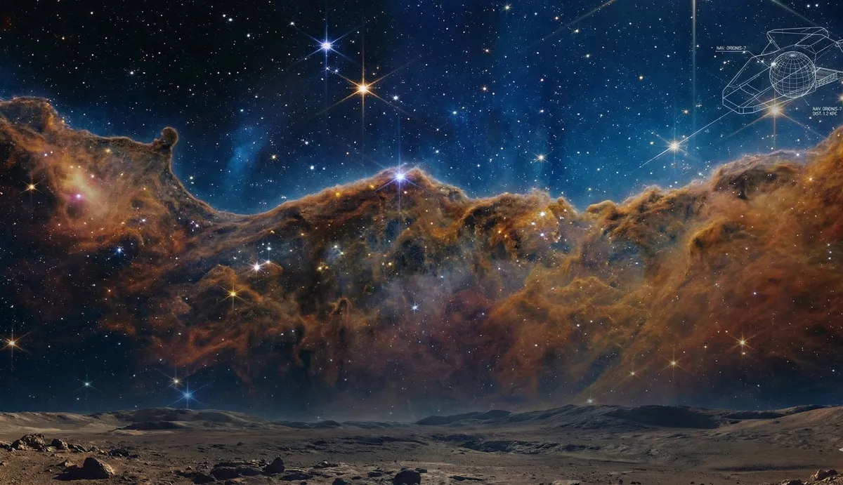 A nebula of rust-coloured gas and bright stars rising above a barren plain, a faint ship schematic in the corner.