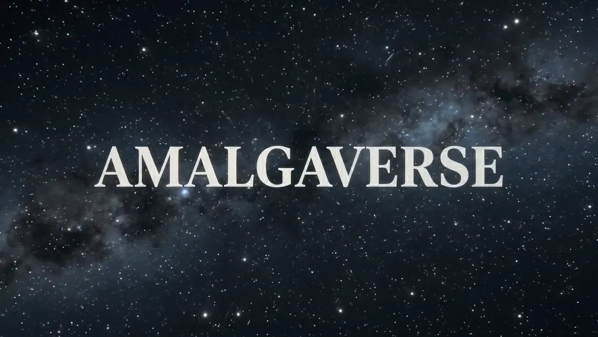 The Amalgaverse title card: the word AMALGAVERSE in white text over a starfield and galaxy.